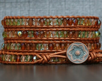 wrap bracelet - green brown yellow gold crystal on copper leather - peridot topaz citrine - earth tone - fall colors