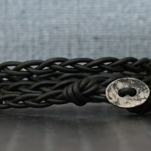black leather wrap bracelet - braided with distressed silver button - bohemian jewelry - casual jewelry - simple jewelry