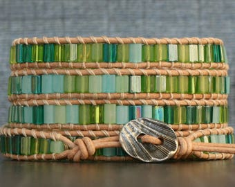 beach jewelry - wrap bracelet- sea glass blue and green on natural leather- mermaid nautical mariner sailor jewelry