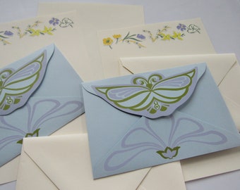 Vintage Stationery Assortment ~  Unique Quad Fold Notes ~ Art Deco Butterfly and 40's Style Flowers ~ Sweet Pale Blue Yellow
