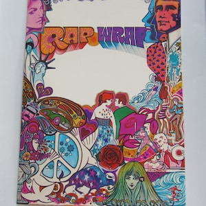 May include: A colorful, vintage-style poster with the words "RAP WRAP" in large, stylized letters. The artwork features psychedelic illustrations, including figures, peace signs, and stars, with a vibrant palette of pink, orange, blue, and green.