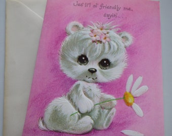 Vintage Greeting Card ~ Birthday~ White Teddy Bear ~ Daisy ~ Embossed on Pink ~ Friendship ~ Happy Birthday ~ Love Me...Love Me Note...?