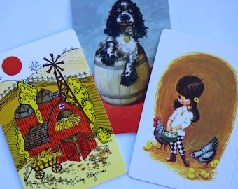 Vintage 60's Groovy Girl Farm Chicken Dog Barrel Ephemera Swap Craft Playing Card Lot X3 Farmhouse Barn ~ Junk Journal Album Paper Crafting