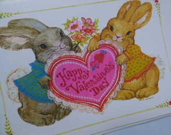 Vintage Unused Current 80's  Valentines Huggables Greeting Card ~ Rabbits ~  Flowers ~ M K Howe ~ You Make My Heart Hop! ADORABLE!