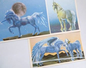 Vintage 80's Stationery - Pegasus Unicorns Fantasy ~ Sampler Collection Stationery Sheets ~ Blue Mythical Moon Sky