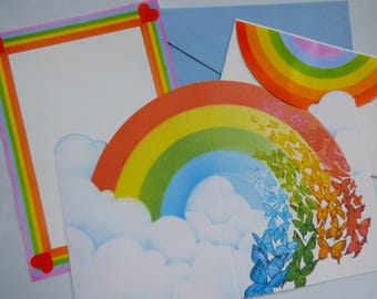 Vintage 80's Rainbow Lg Note Card and Stationery Letter Set~ Heart Butterflies Retro Old School Collectible Pen Pal Snail Mail 1980's