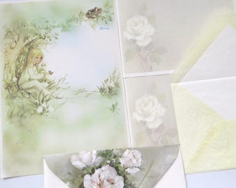 Vintage Stationery Assortment ~ Parchment ~ Hazey Days of Summer ~ White Roses & Little Girl Sitting under Tree in Meadow Yellow Onion Skin