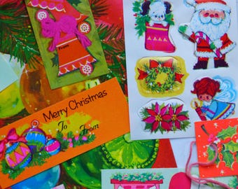 Unused Vintage Christmas Ephemera Lot Gift Tags Seals Card Retro Groovy Bright Day Glow 60s ~ Mid Century Modern Indent Ornament Puppy Angel