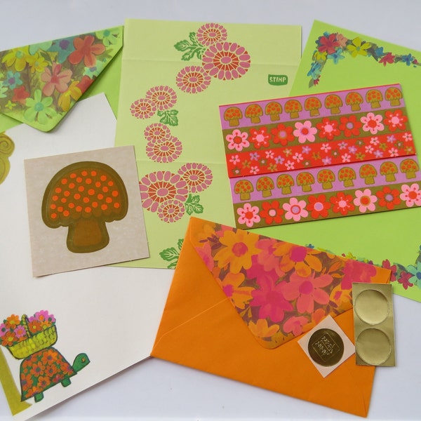 Vintage Stationery Collection - 60's Mod Turtle Flower Power Letter Set ~ Postalette W/ Lg Mushroom SEAL ~ Flower Power Stationary ~ Pen Pal