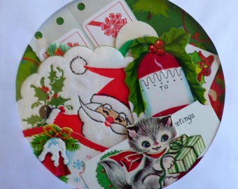 Vintage Christmas Scrap Pack ~ 5x5 Envelope Full~ Ephemera Gift Tags Labels Stickers Santa Kitten Velvet Flocked Journal Gift Embellishments