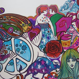 May include: A colorful, psychedelic illustration with a retro theme. The artwork features a couple, a red rose, a peace sign, and a bull with star patterns. Other elements include a car, a baseball player, and a woman with long green hair.