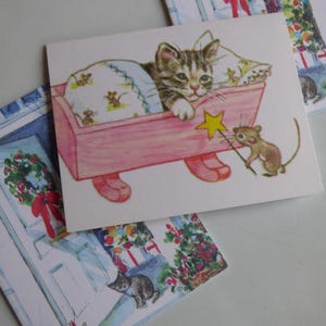 Vintage des années 80, cartes-cadeaux pliées x 3 petites étiquettes Lg, voeux d'hiver de vacances vierges Kristin Elliot ~ couronne de porche de berceau de bébé et de souris de chatons