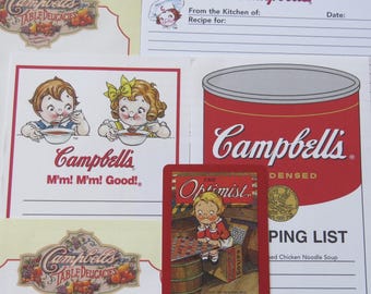 Vintage Campbell's Kid Soup Paper Craft Stationery Ephemera Stationery 8pc Lot Kitchen Junk Journal Recipe Card Binder Rare Soup Can Sticker