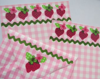 Vintage Strawberry Stationery ~ Gingham Checkerboard ~ Strawberry and Rick Rack ~ Letter Set
