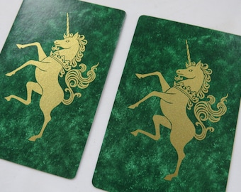 2 Vintage Gold Unicorn Green Playing Cards Craft or Swap Lot ~ Junk Journal Collage Scrapbook ~ Miniature Art Pen Pal Embellishment