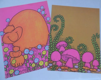 Vintage 60's Stationery ~ Mod Mushrooms ~ Flowers ~ Hippos ~ Unique ~ 60's Groovy ~ Mini Poster ~ K. Trower ~ Black Light Art ~ Day Glow!