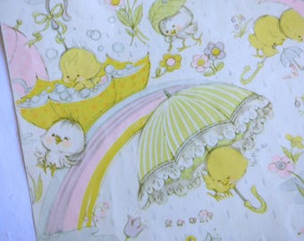 Sweet Vintage Gift Wrap Parasol Chicks Ducklings Rainbow & Flowers ~ Retro Wedding  Baby Spring Easter Shower ~ Pretty Pastel Paper Crafts