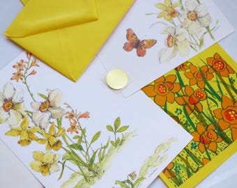 Vintage Stationery Assortment ~ Spring Daffodil Butterfly Seal Current Long Yellow 80's Nature Flowers Junk Journal Pen Pal Snail Mail Love