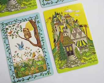 Vintage Ephemera Lot ~ 4  Playing Cards ~ Vintage ~ Groovy Victorian House ~ Owl in Tree ~ Blue Bird
