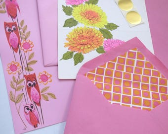 Vintage Stationery 60's 70's Assortment ~ Groovy Mod Owl Flower Power Themed Lot  Day Glow Hot Pink Pen Pal Snail Mail FUN Junk Journal Swap