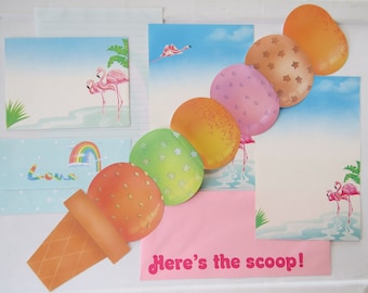 Vintage 80's Stationery Assortment ~ Ice Cream Cone Flamingos & Rainbows Stationery Letter Sets ~ Unique Shaped Vintage Pastels