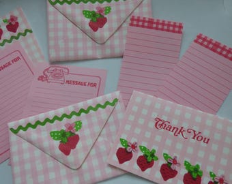 Vintage Strawberry Stationery Letter Set Thank You Note & Memo Sheet Sampler Lot~ Gingham Checkerboard Pink Rick Rack ~ Junk Journal Pen Pal