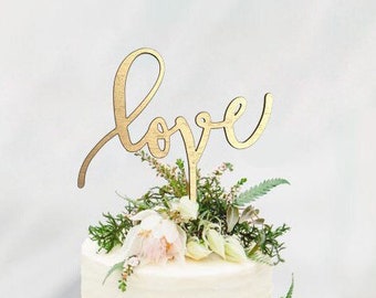 GOLD LOVE Cake Topper - Wooden cake topper - Engagement Cake topper - Unique Wedding Cake Topper - Wedding Cake Topper