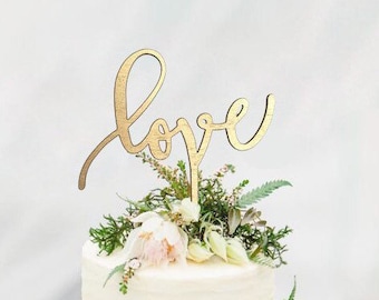 GOLD LOVE Cake Topper - Wooden cake topper - Engagement Cake topper - Unique Wedding Cake Topper - Wedding Cake Topper