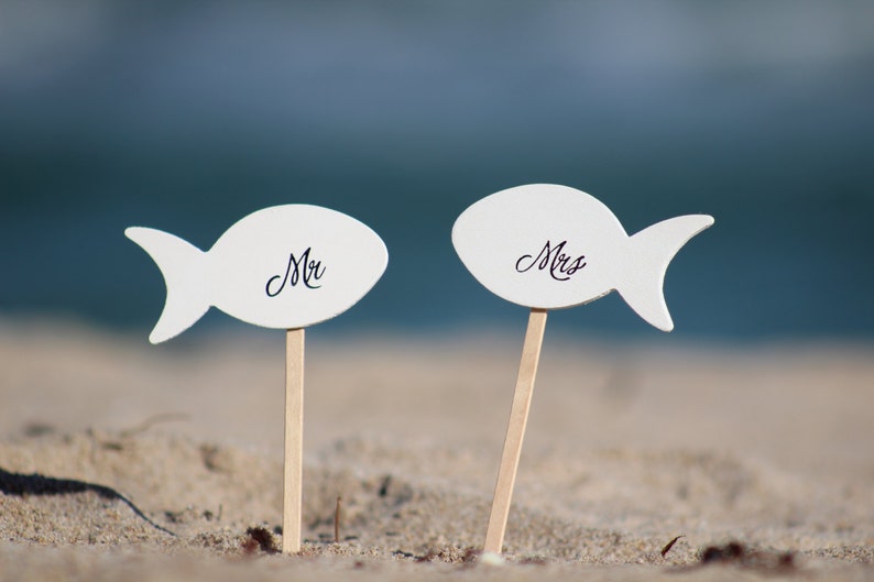 Mr and Mrs Fish Wedding Cake Topper Beach wedding Bride and Groom Rustic Country Chic Wedding image 1