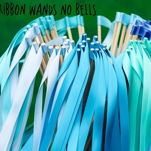 May include: A bunch of blue and light blue ribbon wands with wooden sticks and silver tips. The text "SINGLE RIBBON WANDS NO BELLS" is at the top of the image.
