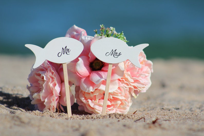 Mr and Mrs Fish Wedding Cake Topper Beach wedding Bride and Groom Rustic Country Chic Wedding image 2