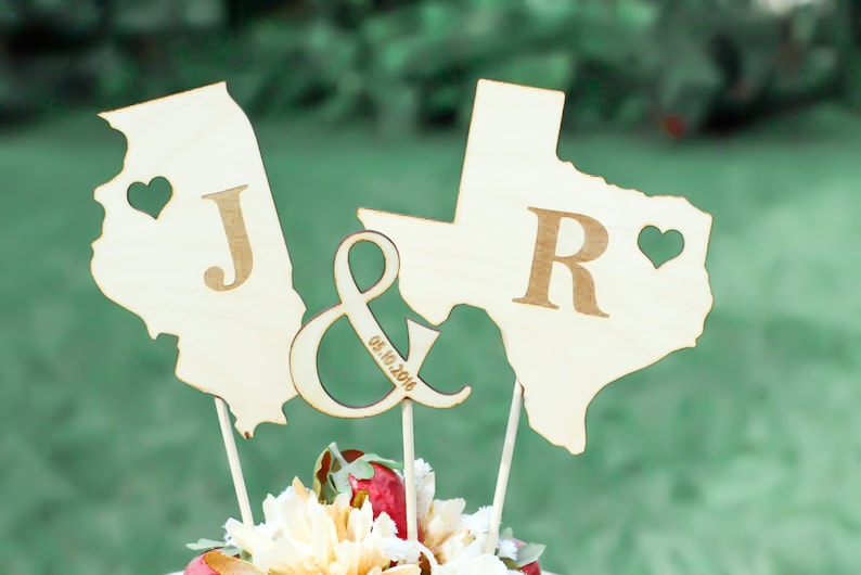 Rustic Wooden States Country Wedding Cake topper Wooden cake topper Personalized Cake topper image 1