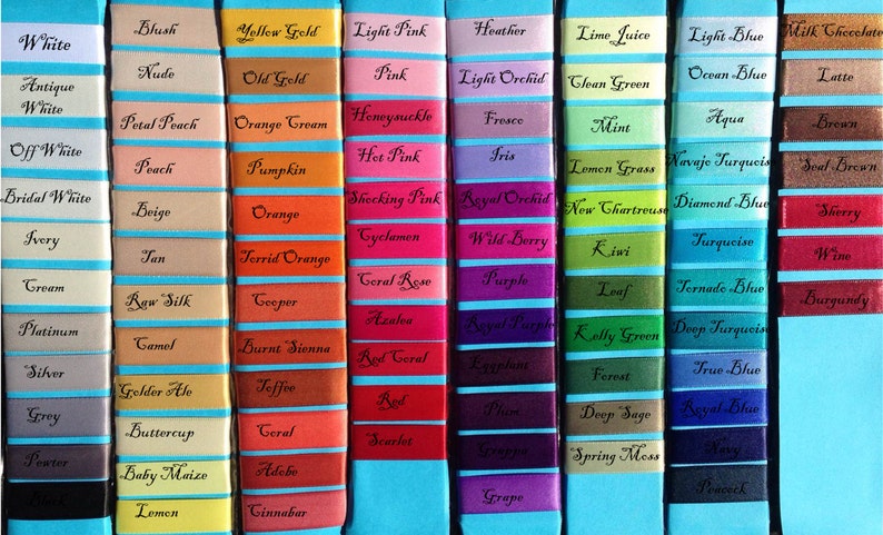 May include: A chart of 100 different color swatches with their names written in black text. The swatches are arranged in 10 rows of 10 swatches each. The colors range from white to black, with shades of pink, red, orange, yellow, green, blue, purple, brown, and gray.