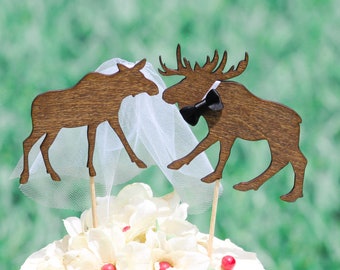 Moose Wedding Cake Topper - Bull and Cow  Moose- Bride and Groom - Rustic Country Chic Wedding