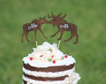 Moose Wedding Cake Topper - Bull and Cow  Moose- Bride and Groom - Rustic Country Chic Wedding