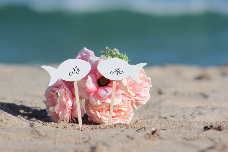 Mr and Mrs Fish Wedding Cake Topper Beach wedding Bride and Groom Rustic Country Chic Wedding image 3