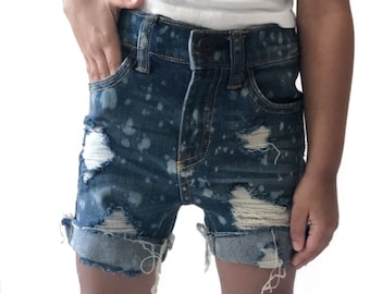 Toddler and Kids Bleached and Distressed Shorts - Freckled Shorts - Medium Blue Jean Ripped Cutoffs