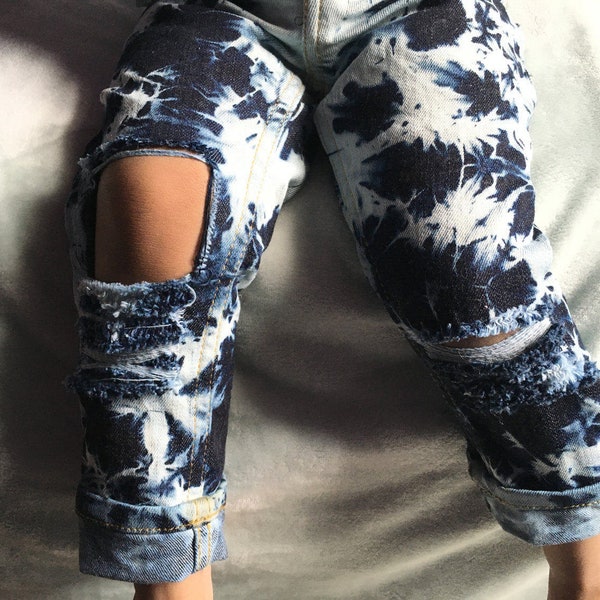 Bleached and Distressed Toddler and Kids Jeans - Blue Iris Jeans -Dark Blue Denim Tie Dye - acid Wash