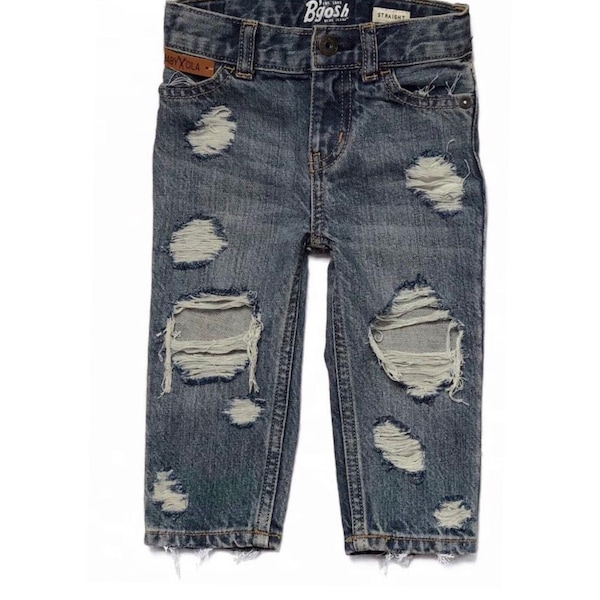 Kids Toddler Distressed Jeans - Double Trouble - Boy / Girl Medium Blue Denim Straight Jeans Ripped Knees - Boyfriend Jeans 90’s Nostalgia