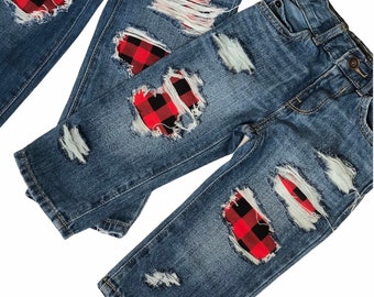 Lumberjack Buffalo Plaid / Happy Camper Kids / Toddler Distressed Jeans - Boy  and Girl Red and Black Patches on Knees Plaid