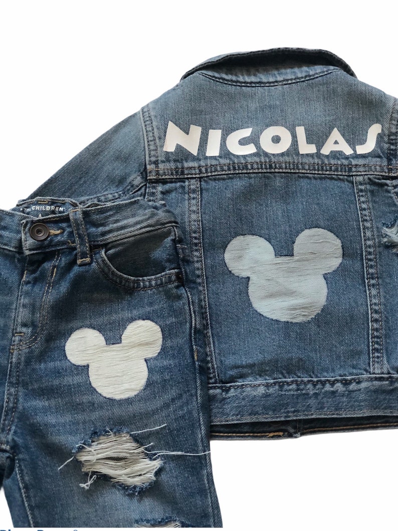 Mickey Inspired Distressed Jacket with Name Custom Jean Jacket Toddler Distressed Denim Jacket Kids Personalized Jacket with Name image 2