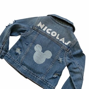 Mickey Inspired Distressed Jacket with Name Custom Jean Jacket Toddler Distressed Denim Jacket Kids Personalized Jacket with Name image 3