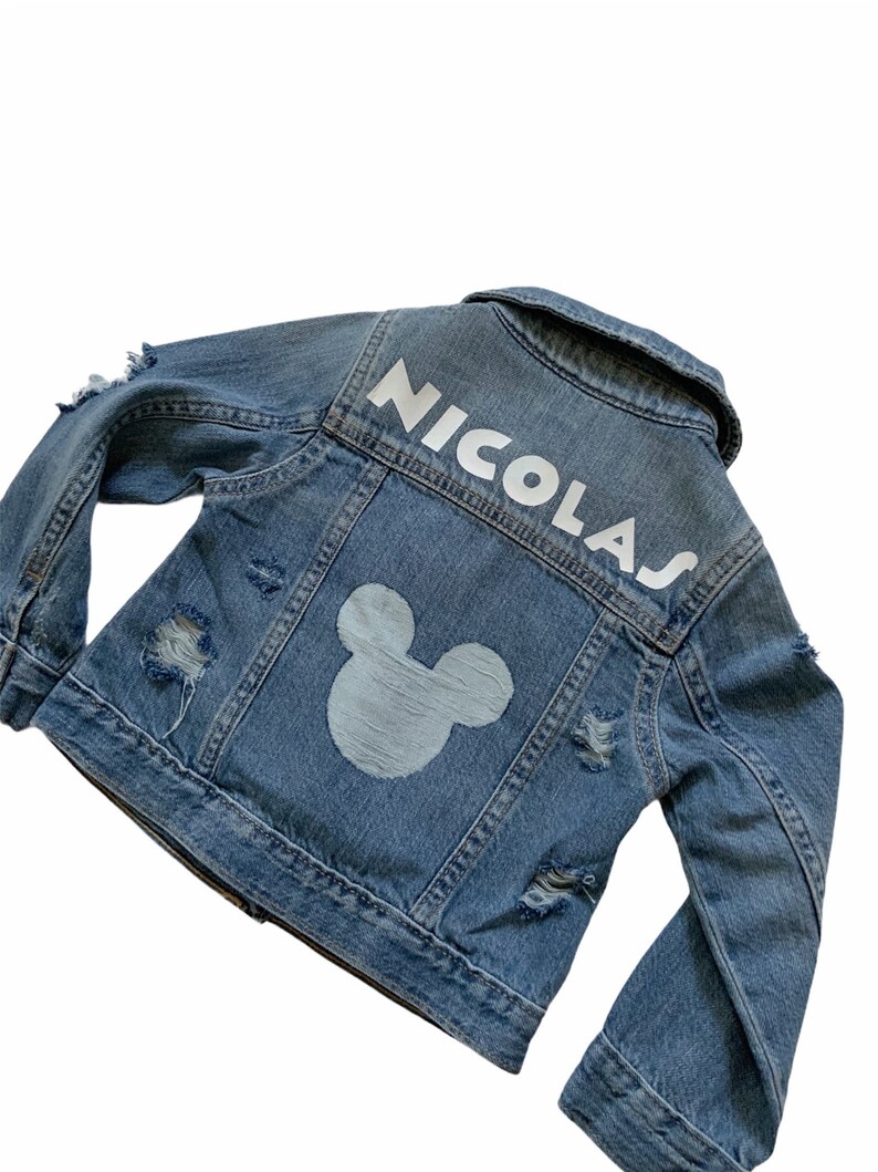 Mickey Inspired Distressed Jacket with Name Custom Jean Jacket Toddler Distressed Denim Jacket Kids Personalized Jacket with Name image 3