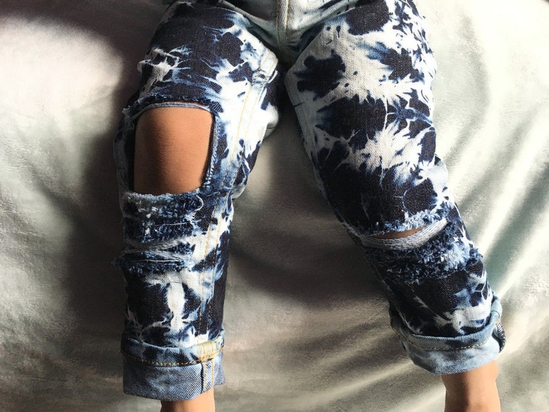 Bleached and Distressed Toddler and Kids Jeans Blue Iris Jeans Dark Blue Denim Tie Dye acid Wash image 1