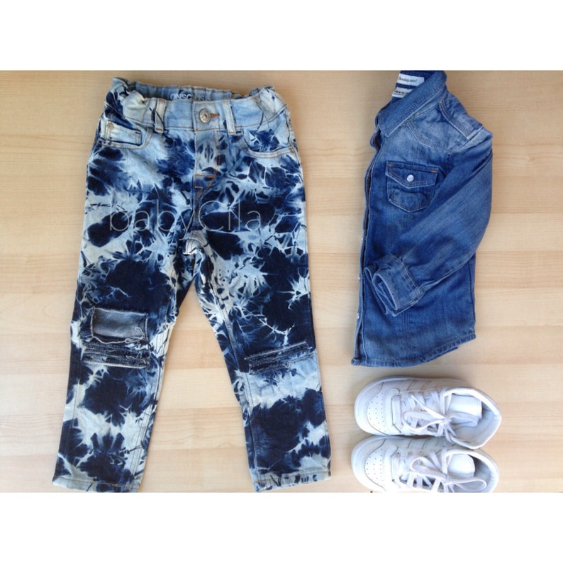 Bleached and Distressed Toddler and Kids Jeans Blue Iris Jeans Dark Blue Denim Tie Dye acid Wash image 5