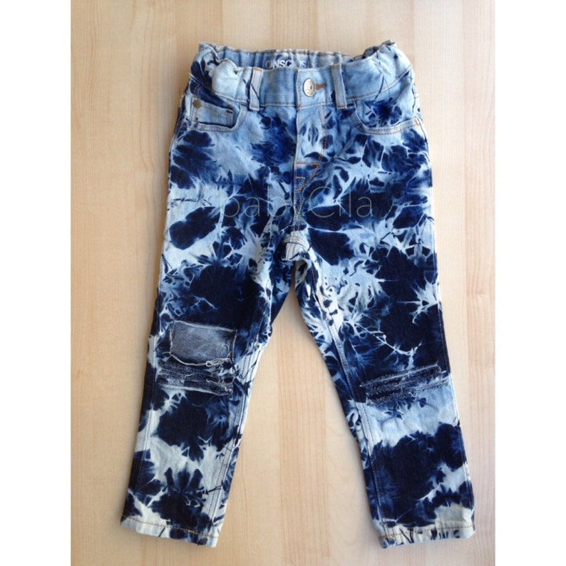 Bleached and Distressed Toddler and Kids Jeans Blue Iris Jeans Dark Blue Denim Tie Dye acid Wash image 2
