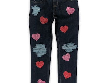 Valentine Be Mine Toddler and Kids Ripped Skinny Jeans - Glitter Hearts - Distressed Kid Jeans - Baby Jeans w/ Holes - Girls Destroy Denim