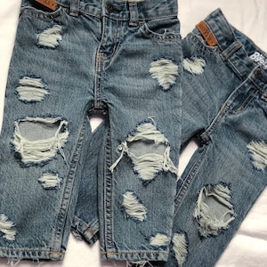 Kids Toddler Distressed Jeans Double Trouble Boy / Girl Medium Blue Denim Straight Jeans Ripped Knees Boyfriend Jeans 90s Nostalgia image 2