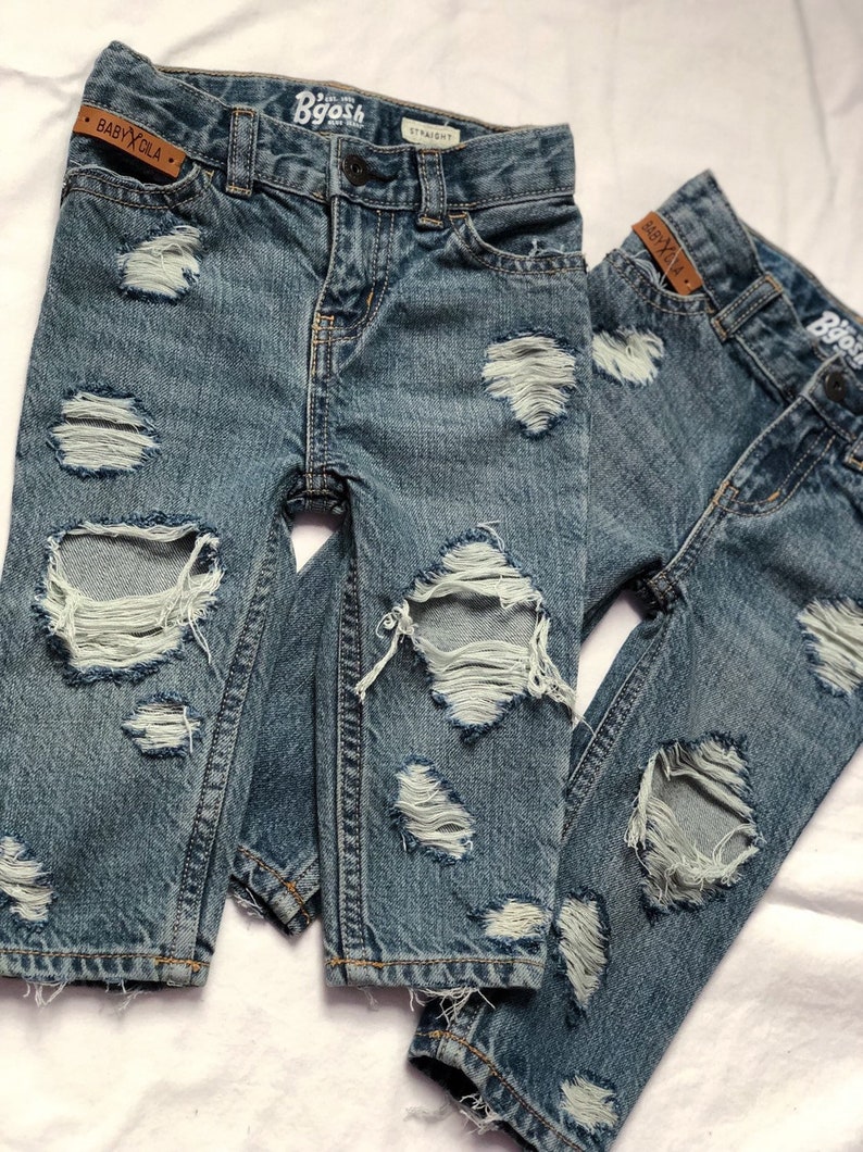 Kids Toddler Distressed Jeans Double Trouble Boy / Girl Medium Blue Denim Straight Jeans Ripped Knees Boyfriend Jeans 90s Nostalgia image 2