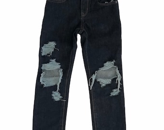 Kids and Toddler Distressed Jeans - Rumble Tumble Jeans - Boy and Girl Dark Blue Denim Skinny Jeans with Ripped Knees - Destroyed Jeans